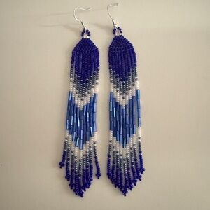 Authentic Native American Handmade Blue and White Beaded Dangle Fringe Earrings